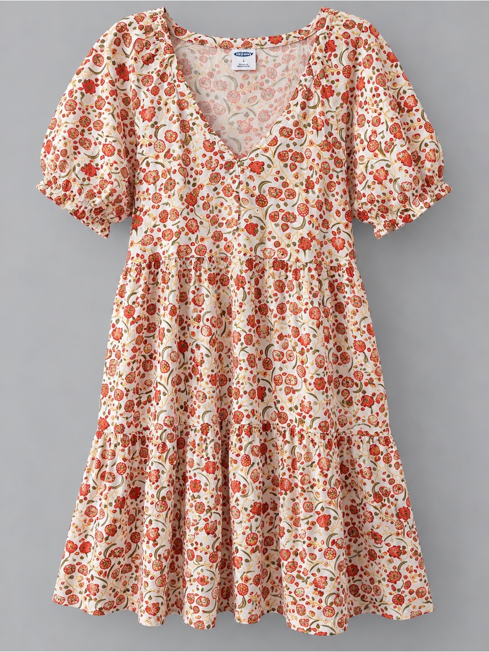 Old Navy Floral Puff Sleeve Tiered Midi Dress Cream Orange L